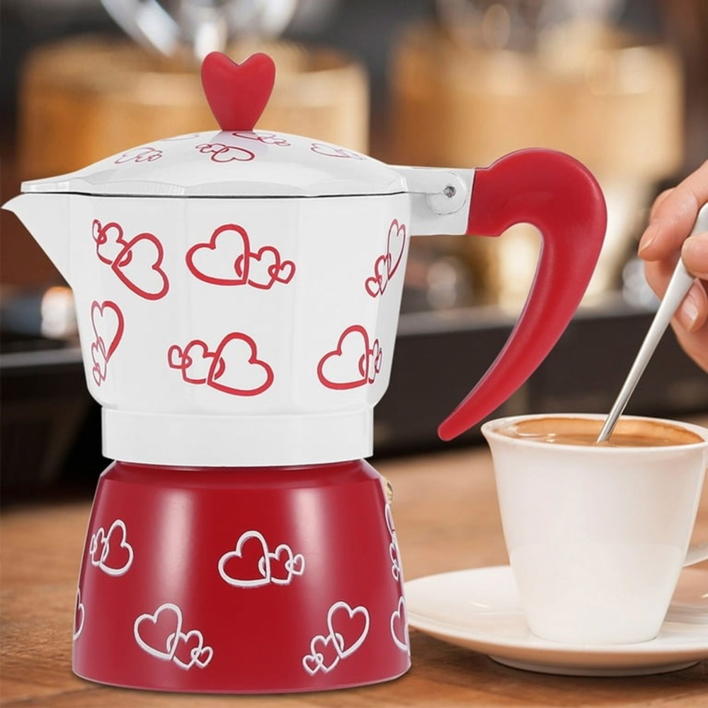 Heart Design Red and White Stovetop Espresso Maker